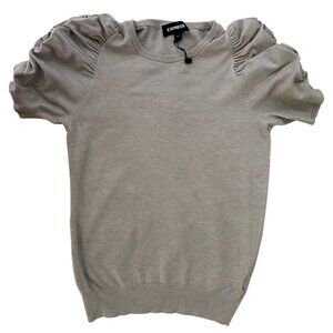 NEW EXPRESS WOMENS RUFFLE PLEATED SHORT PUFFY SLEEVE GRAY GREY SWEATER TOP XS